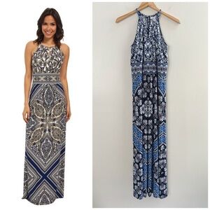 London Style Blue White Sleeveless Grecian Maxi Formal Party Dress